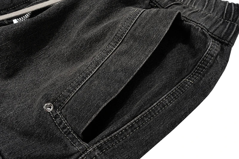 ro style ribbons wide leg multi pockets smoke grey baggy jeans for men straight pantalones hombre drawstring denim trousers unique jeans style 1208