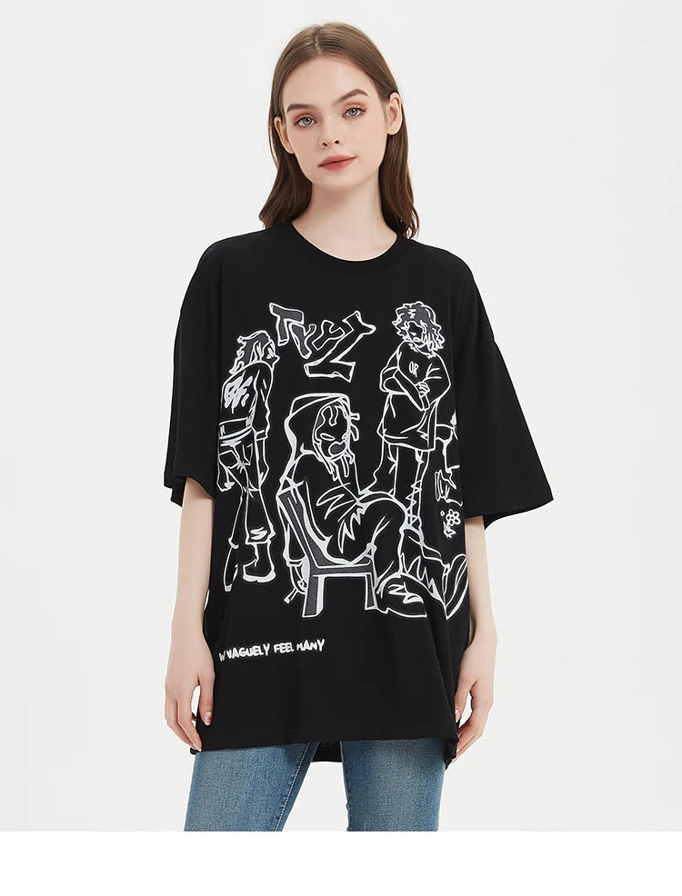 Skatercore Aesthetic print tee – 2023 Harajuku Cartoon Girl Cat Japanese Kanji Graphic T Shir