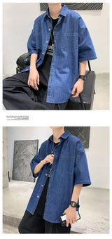 American summer thin denim shirt for men and women loose fit hip-hop short sleeved retro personality casual street top harajuku