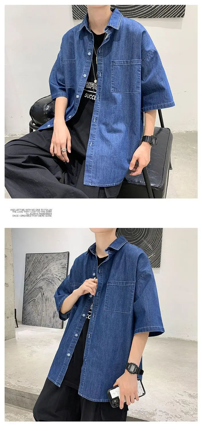 American summer thin denim shirt for men and women loose fit hip-hop short sleeved retro personality casual street top harajuku