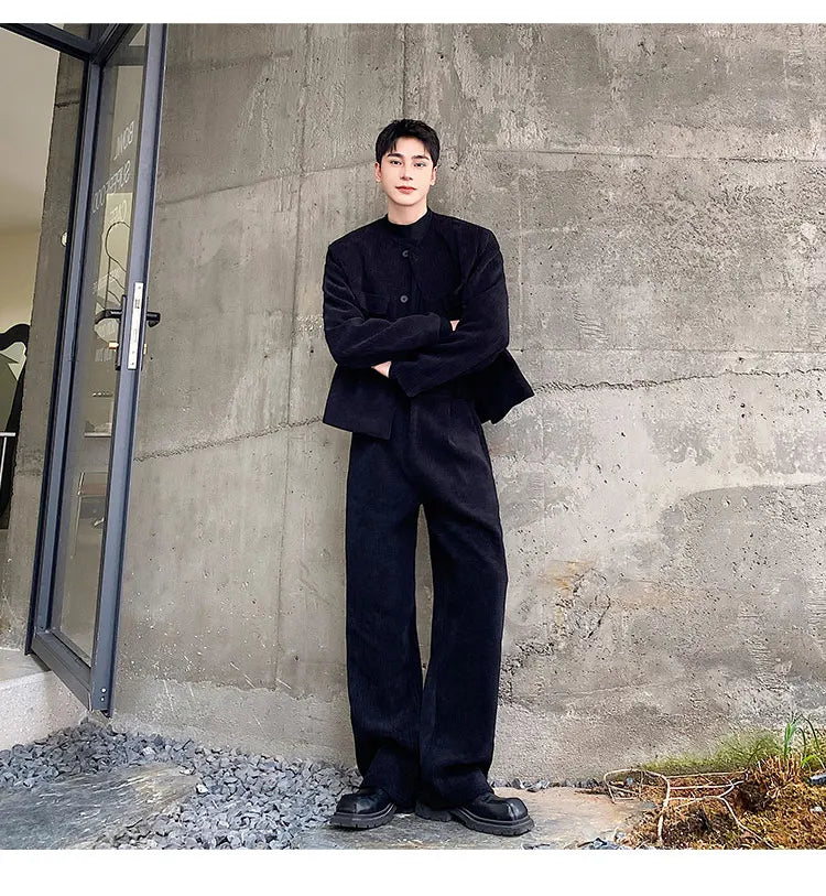 men 2 pieces sets corduroy short jacket wide leg pant suits korean streetwear fashion loose casual retro coat baggy trousers unique shorts style 2813