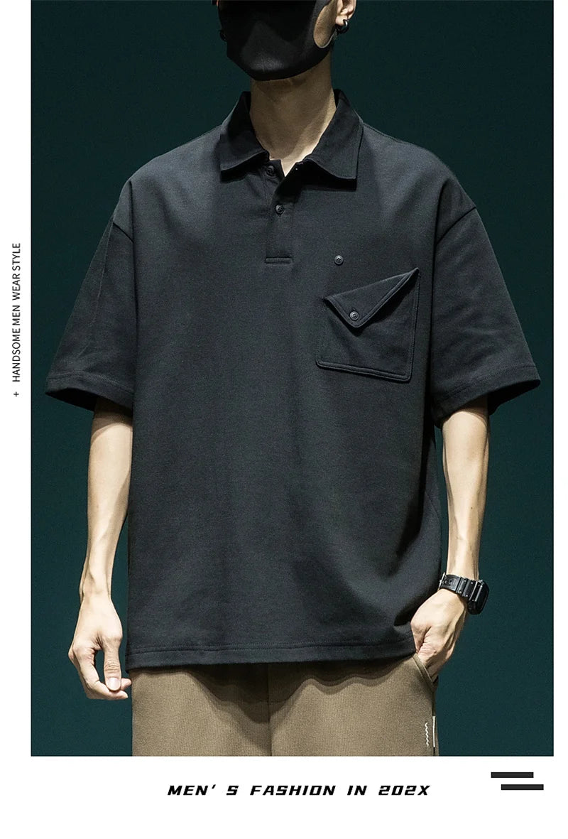Gothic Angelcore design – Summer New Button Pocket Polo Shirt For Men Casual Short Sle