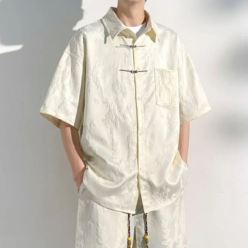 Mens Chinese Loop Buckle Jacquard Design Shirt Daily Casual Personality Versatile Loose Short-sleeve Tops Unisex 2024 Summer