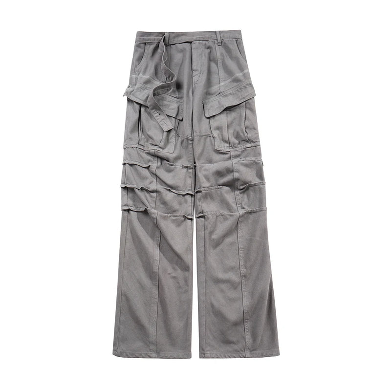 streetwear big pockets sashes pleated baggy jeans for men and women washed straight casual cargo pants oversize denim trousers 1 baggy cargo bottoms