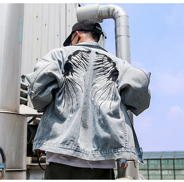 back wing embroidery denim jacket coat mens fashion hip hop harajuku jean coats outerwear casual streetwear jeans baggy jacke - variant style 128ee8 for streetwear fashion