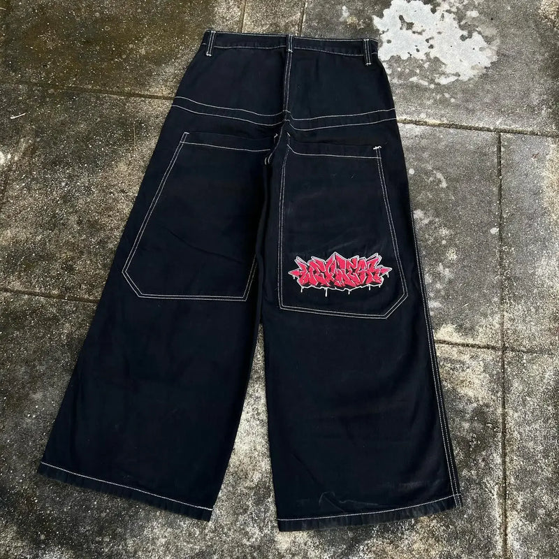 y2k jeans men women high waist wide wexwear graphic embroidered baggy jeans streetweartrouser harajuku black skateboard pants unique jeans style 2437
