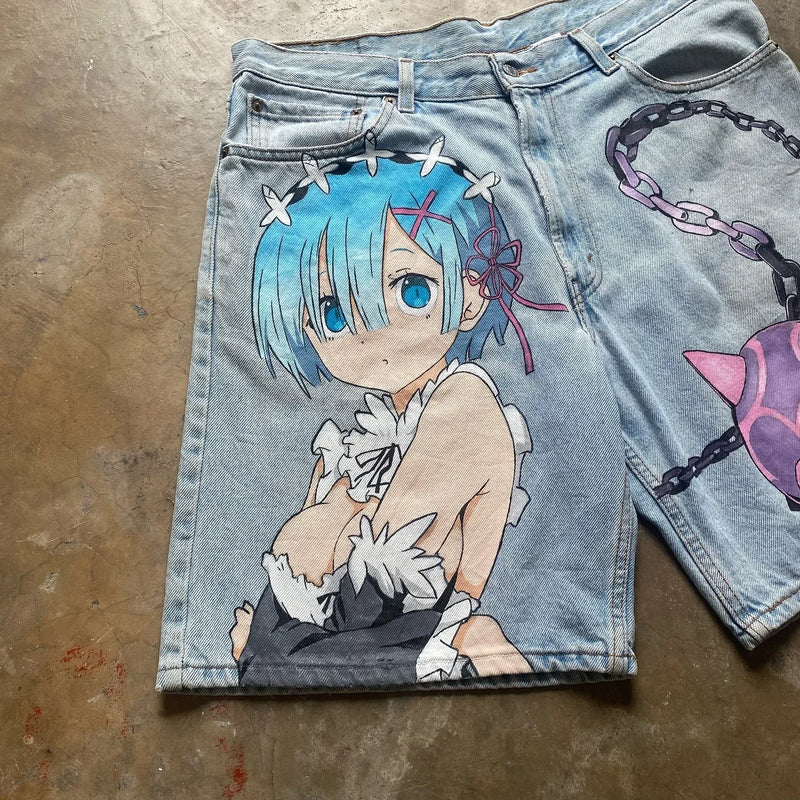 popular casual rem print sweatpants fashion y2k baggy jeans wide leg denim shorts pants harajuku streetwear trouser men clothing unique joggers style 4934