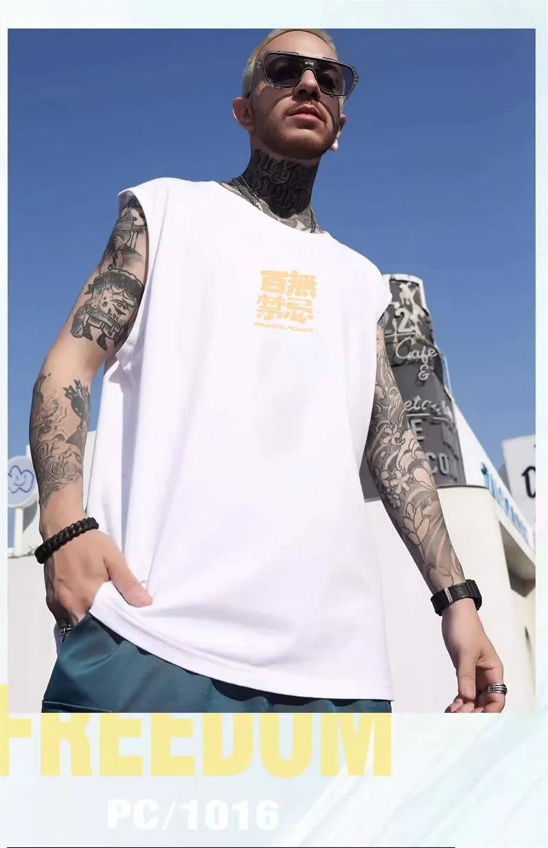 Glitchcore Melting smiley – Summer Chinese Character Print Tank Top Mens Hip Hop Fashion