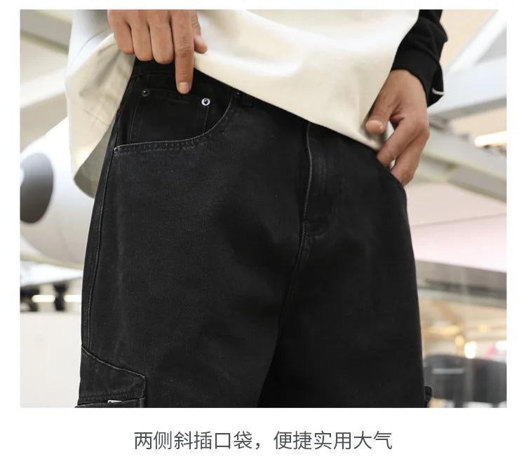 men american streetwear fashion loose casual hip hop wide leg black denim baggy jeans pants man y2k cargo jeans trousers unique cargo style 2341