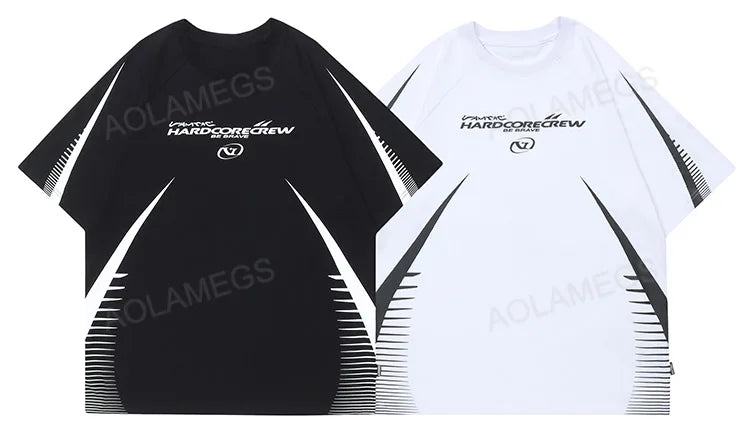 Vaporwave Tribal flame – Streetwear Men Oversized Tshirts Black White Splicing Graphi