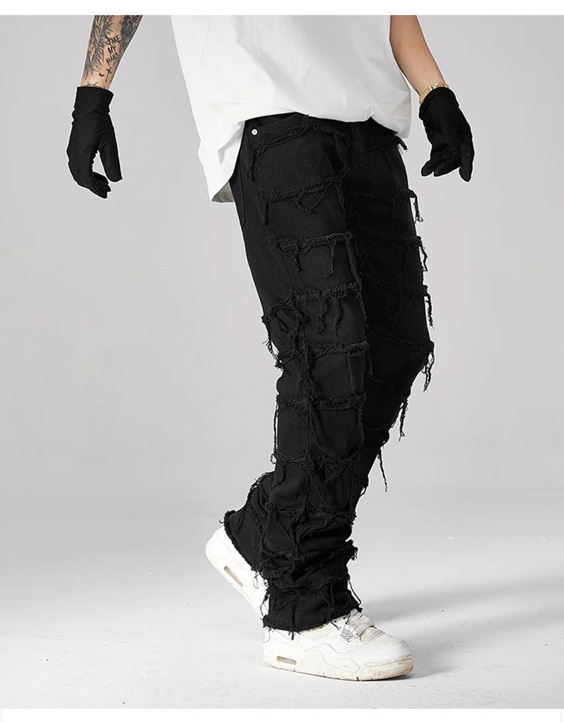 destroyed ripped pieced patchwork denim jean pants casual straight biker trousers mens fashion y2k hip hop streetwear joggers unique joggers style 534