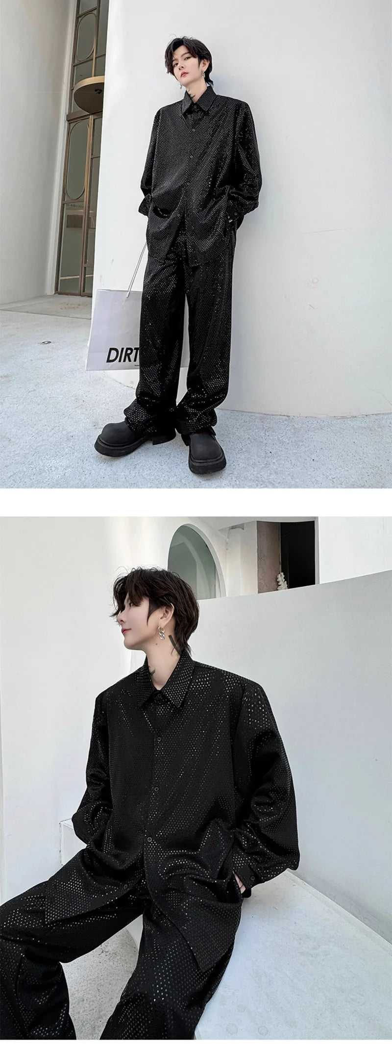 mens sequin 2 piece sets loose casual long sleeve shirt pant stage fashion party show clothing dress shirts trousers costumes unique default style 2882