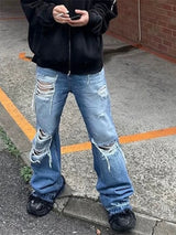 vintage ripped flared jeans blue straight baggy jeans trousers streetwear luxury loose casual distressed denim pants male unique jeans style 604