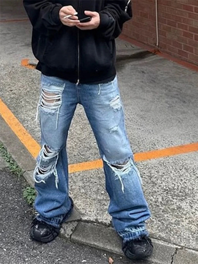 vintage ripped flared jeans blue straight baggy jeans trousers streetwear luxury loose casual distressed denim pants male unique jeans style 604