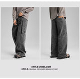 american high street vibe fashion splice jeans mens belt loose casual vintage wide leg straight denim baggy jeans pants trouser unique jeans style 1463
