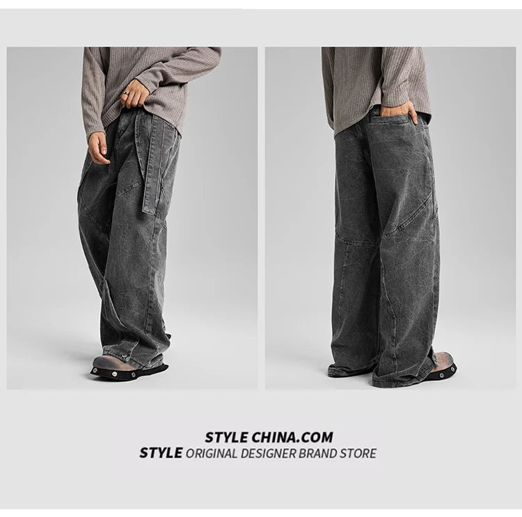 american high street vibe fashion splice jeans mens belt loose casual vintage wide leg straight denim baggy jeans pants trouser unique jeans style 1463