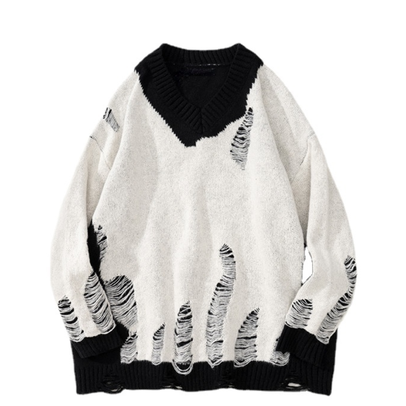 hip hop streetwear knitted sweater sweater 2022 mens harajuku ripped holes new casual v neck tops cotton loose pullover sweaters - unisex casual winter pullover, 2025 streetwear drop, gothic aesthetic hoodie for winter