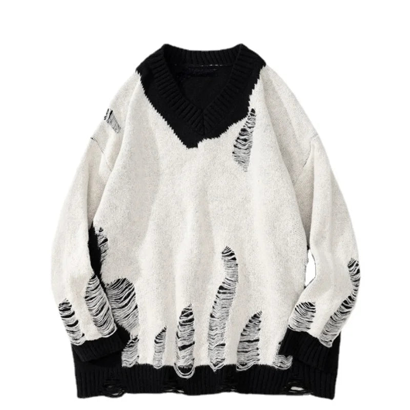 hip hop streetwear knitted sweater sweater 2022 mens harajuku ripped holes new casual v neck tops cotton loose pullover sweaters - high quality cotton hoodie, anime inspired graphic hoodie, gothic aesthetic hoodie for winter