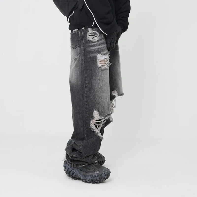 retro black blue straight oversized washed torn jeans solid color ripped jeans baggy hip hop destroyed men wide leg jeans pant denim street jeans