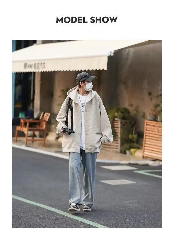 Korean Retro Y2K Waffle Hooded Jacket for Men and Women Ins Harajuku Style Casual Loose Couple Wear Cardigan Sweatshirt