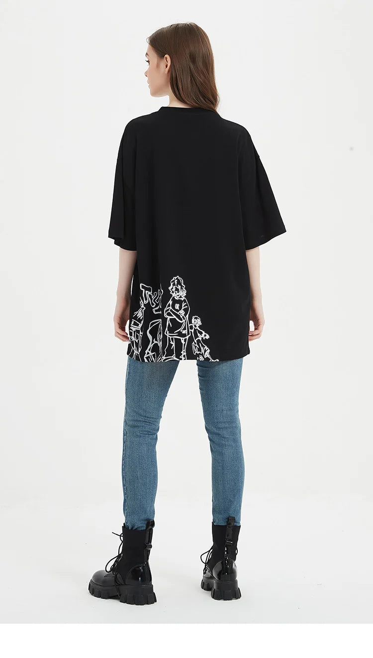 Skatercore Aesthetic print tee – 2023 Harajuku Cartoon Girl Cat Japanese Kanji Graphic T Shir