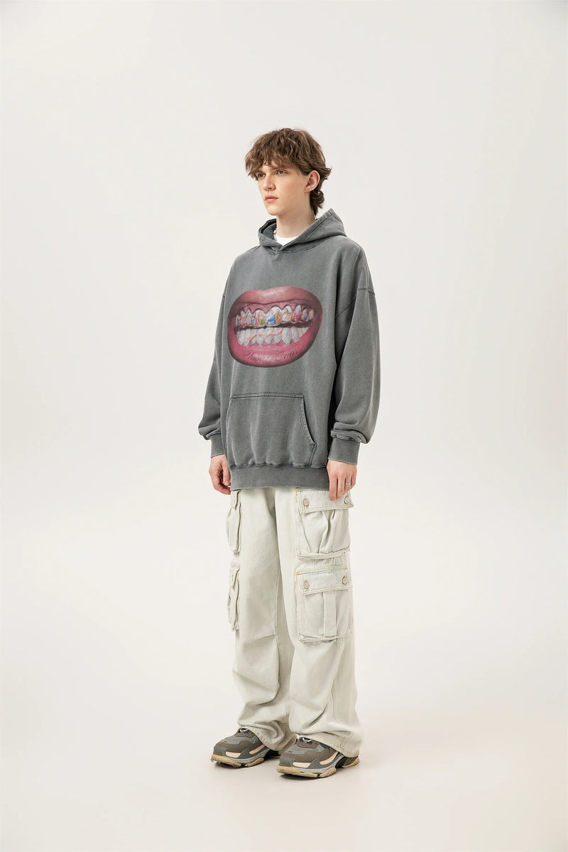 24ss Vintage SM Brand Fashion Washed Distressed stir fried salt high gram heavy vintage looped hoodie hooded sweatshirt