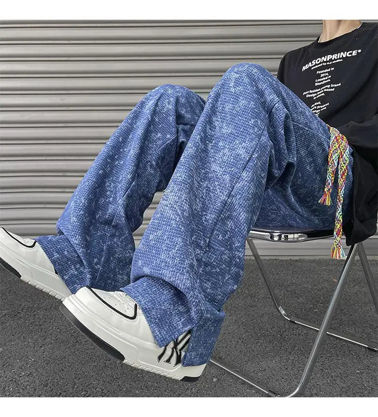 korean style waffle tie dye casual pants high street vibe pants men trendy brand colorful drawstring side slit straight trousers unique default style 2104