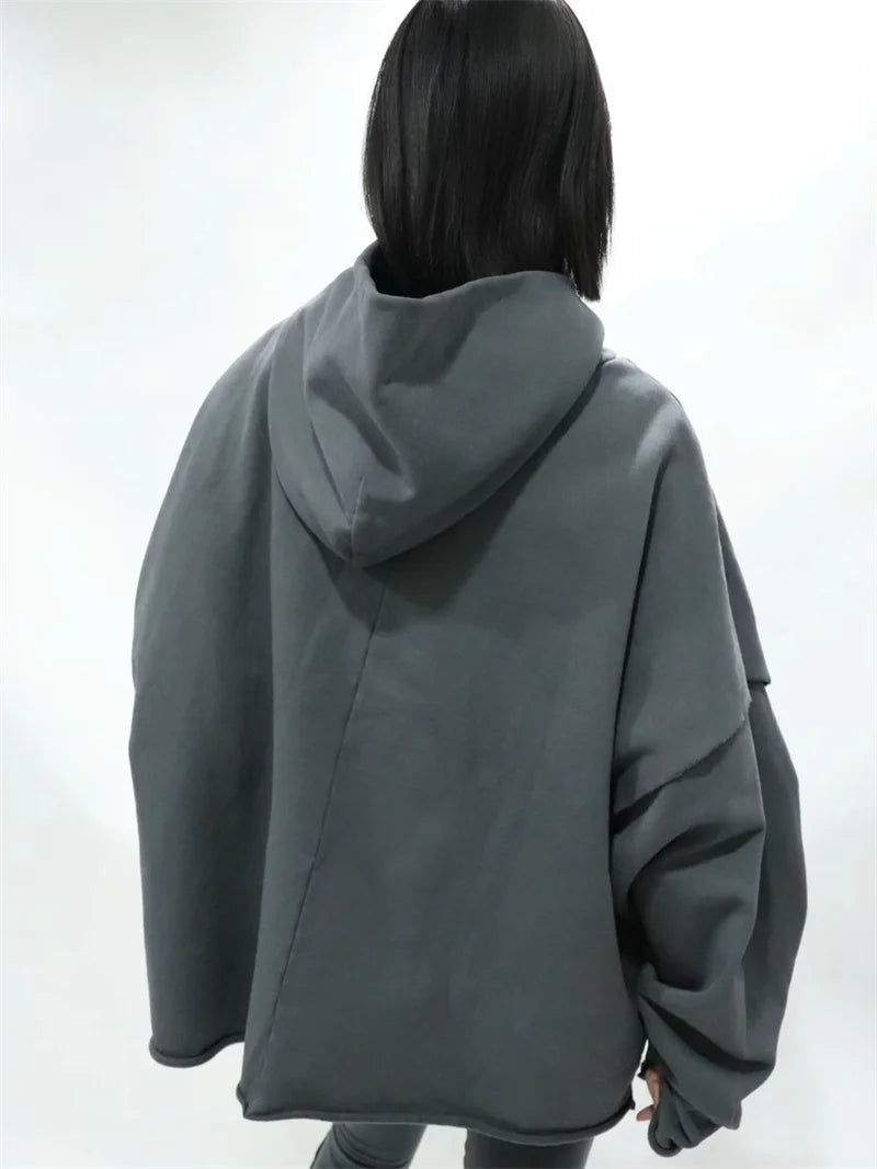 greg kanye double layer heavyweight fit hooded pullover with raw edges sweater grey oversized graphic print design, Y2K vintage urban hoodie, streetwear fashion hoodie