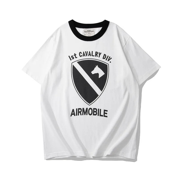 Summer Short Sleeved Men'S Military Retro Cavalry Division Letter Printing Casual Cotton Breathable Color Matching Round Neck