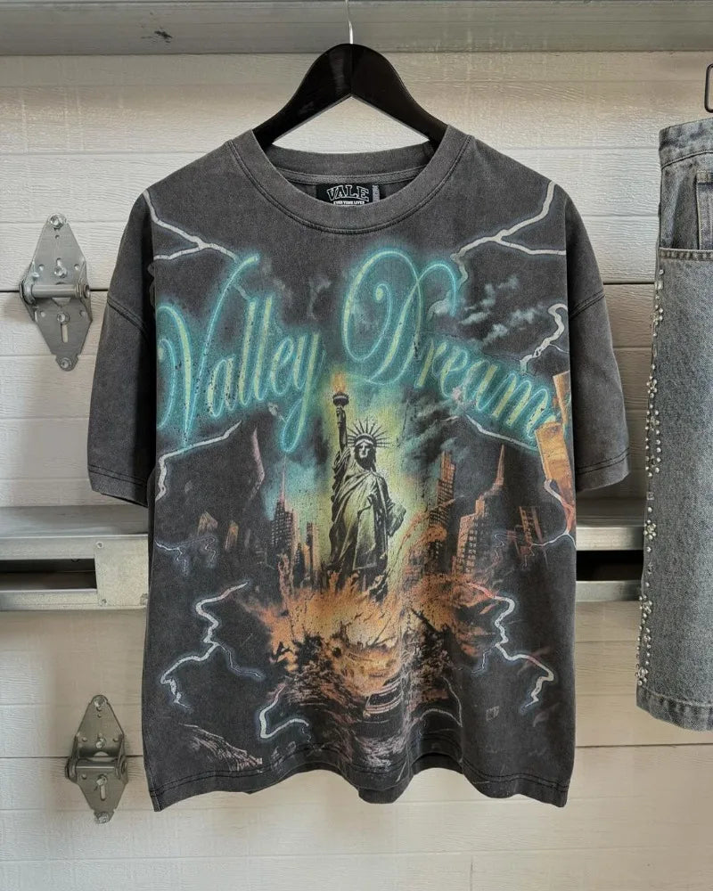 Gothic Aesthetic print tee – European And American Street New Style Washed Retro Anime Pr