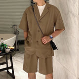 Men  Casual Suit Trendy New Neutral Solid Blazer Collar Shirts LGBT Design Short-sleeved Blouse Shorts Two-piece Set