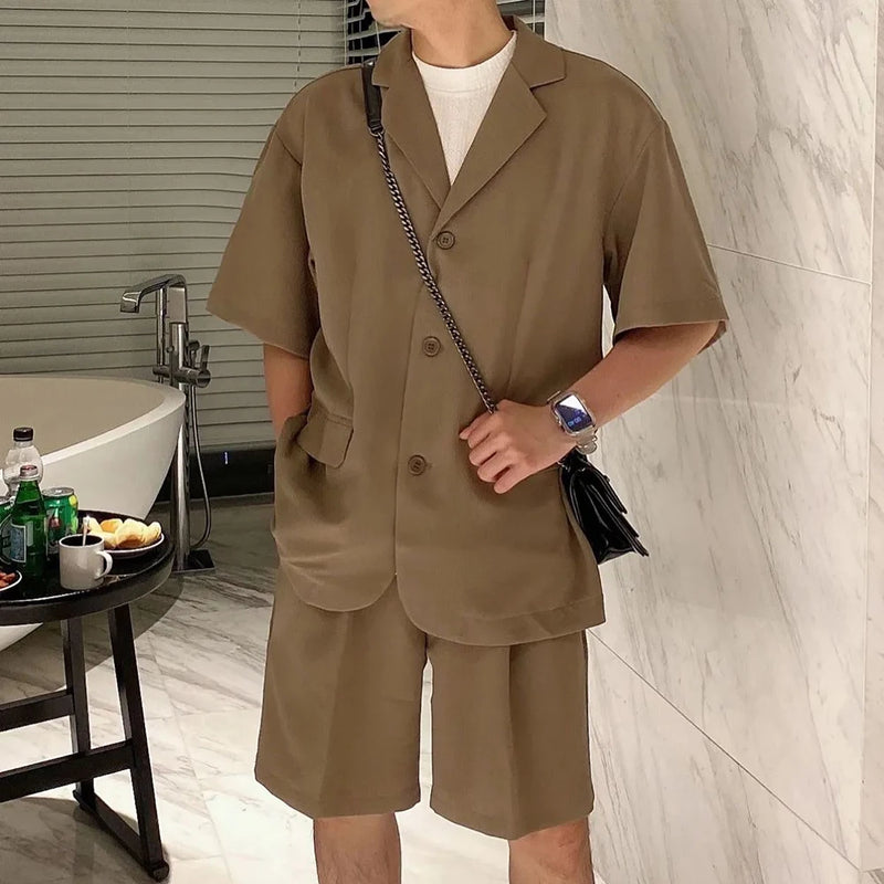 Men  Casual Suit Trendy New Neutral Solid Blazer Collar Shirts LGBT Design Short-sleeved Blouse Shorts Two-piece Set