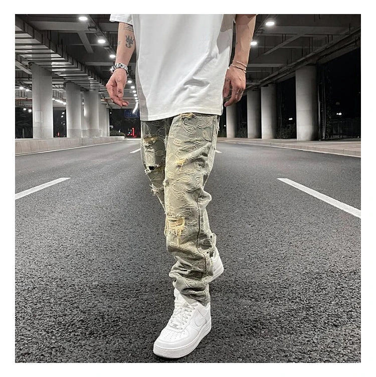 fashion paisy denim jeans mens destoryed holes zipper jeans pants hip hop streetwear new summer casual joggers loose jeans pants unique joggers style 2239