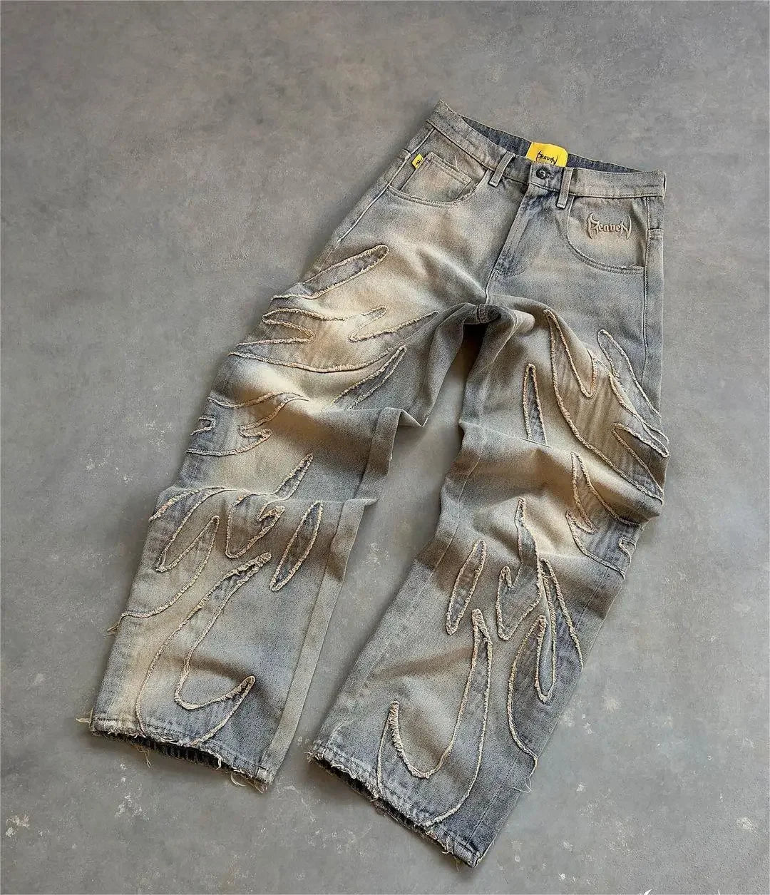 hip hop y2k retro black baggy jeans for men punk raw edge embroidery jeans vintage pattern patchwork high waisted denim pants unique jeans style 787
