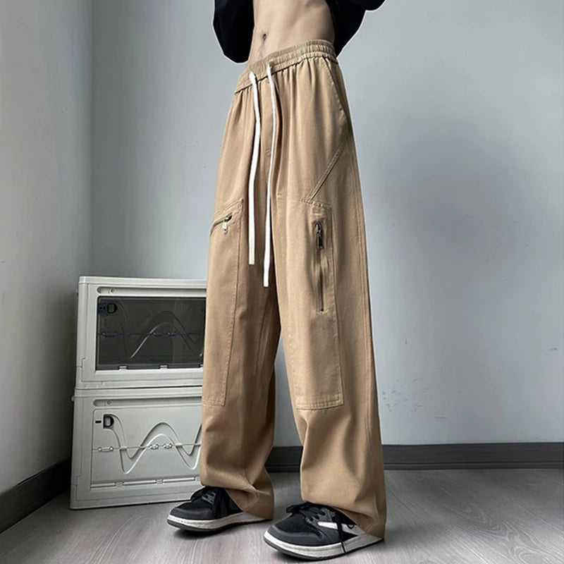new korean fashion cargo straight pants for men autumn casual zipper pocket drawstring trousers classic tactical y2k pantalones unique cargo style 241