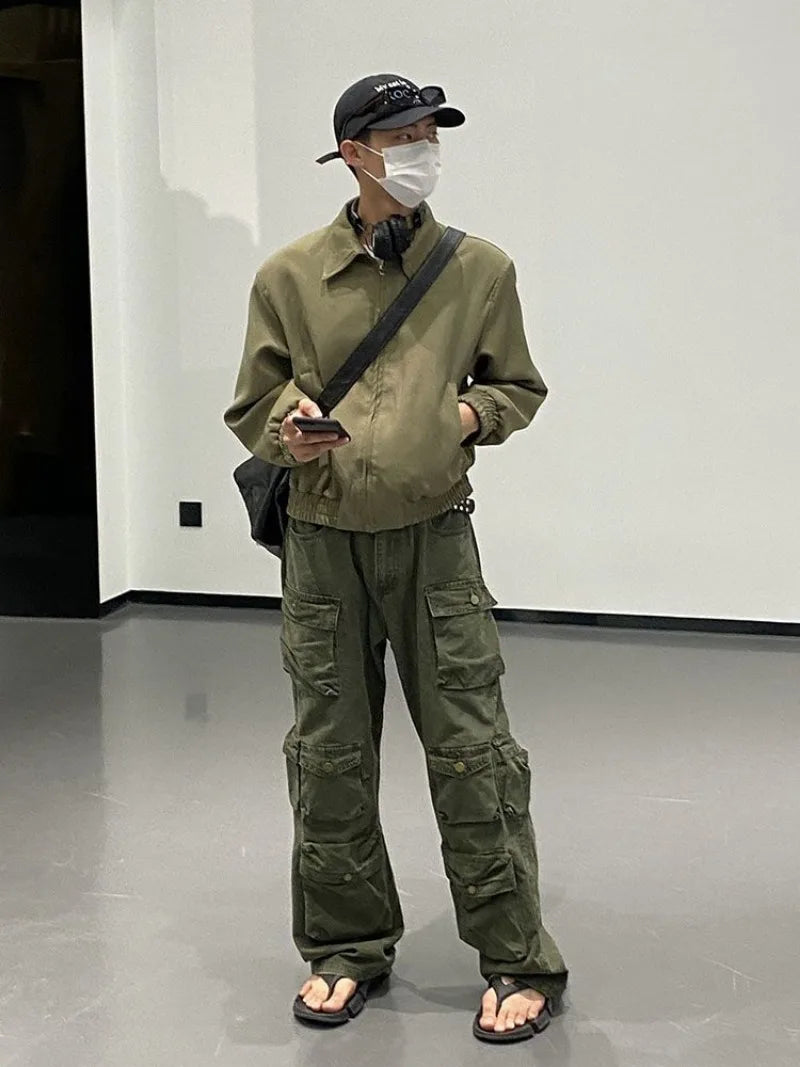 high street y2k men set casual loose lapel jacket hip hop multi pocket overalls 2 piece spring autumn fashion couple suit trend unique default style 4596