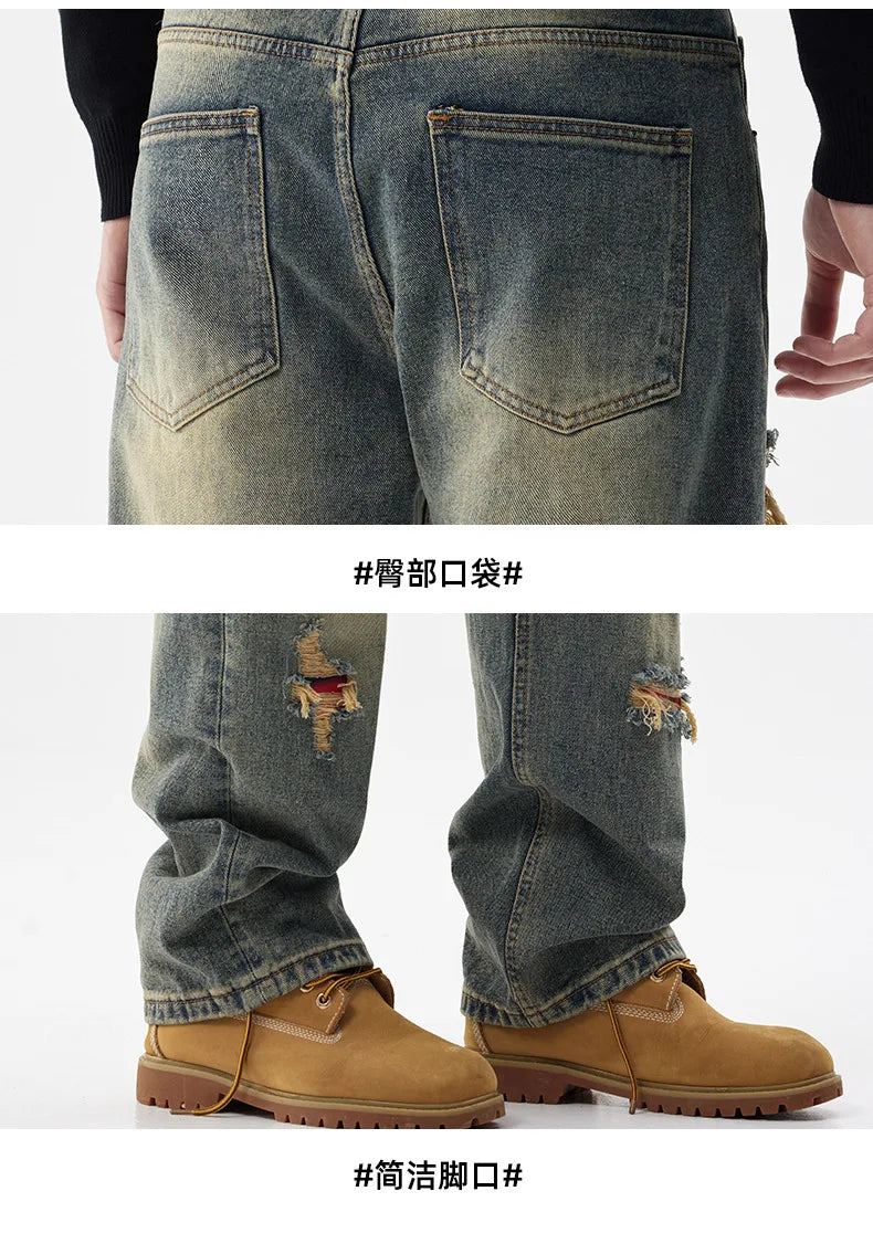 men broken hole patch loose casual plus size straight ripped denim pants jeans man streetwear fashion baggy jeans trousers unique jeans style 3166