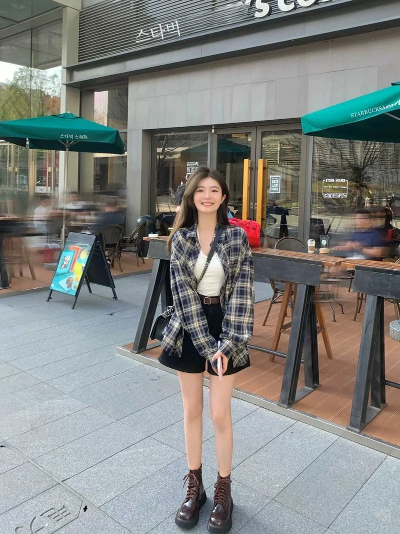 Power Wear Plaid Shirts Women Idle Sle Retro Cardigan Shirt Outerwear Long sleeve Top Spring and Autumn New women shirt blouses