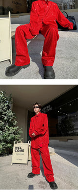 mens sequin 2 piece sets loose casual long sleeve shirt pant stage fashion party show clothing dress shirts trousers costumes unique default style 2890