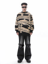 japanese hip hop sweater set men contrast zebra pattern round neck knit top splicing distressed loose jeans 2 pcs harajuku suit unique jeans style 4525