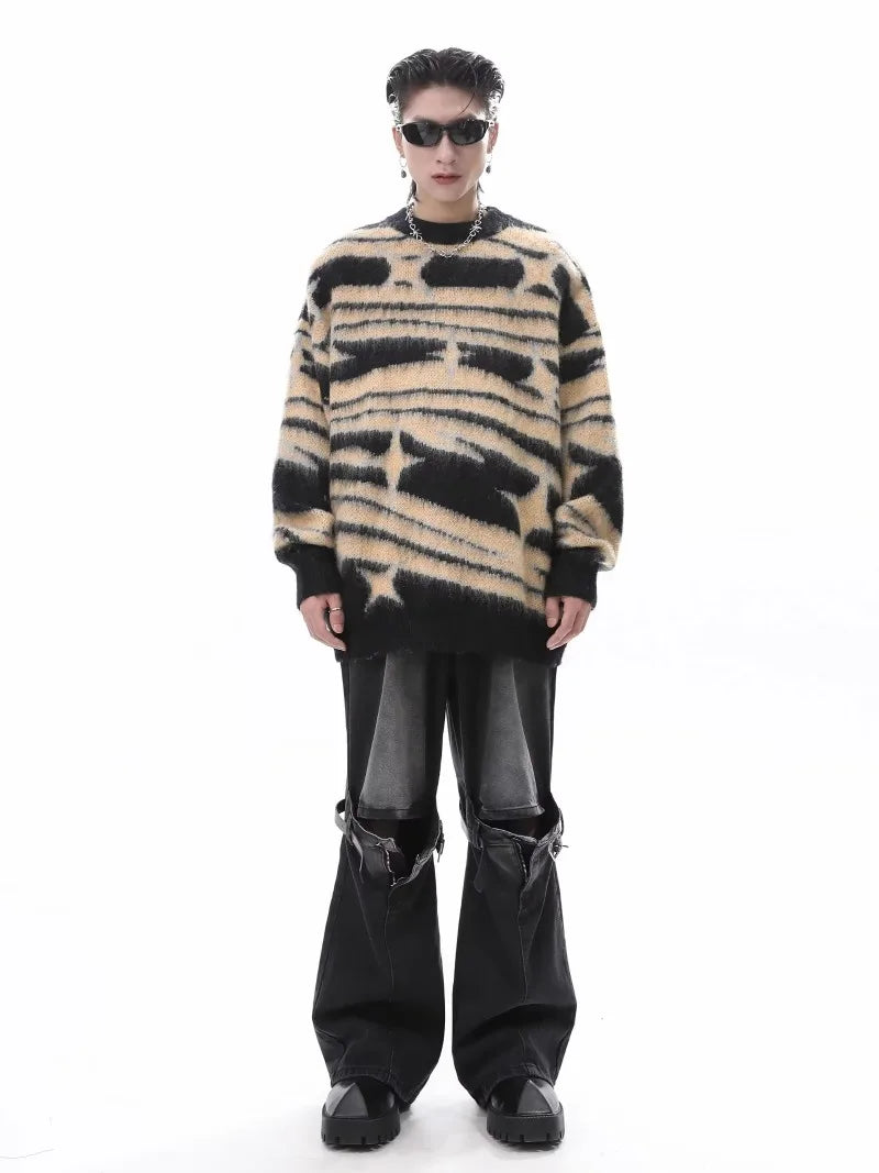 japanese hip hop sweater set men contrast zebra pattern round neck knit top splicing distressed loose jeans 2 pcs harajuku suit unique jeans style 4525
