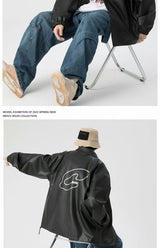 Mens Leather Bomber Jacket Women Hip Hop Letter Motorcycle Loose Casual PU Coat Unisex High Street Racing Varsity Black Outwear