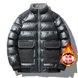 Winter new men's cotton thickened jacket slim stand-up collar splicing PU leather large pocket cotton-padded coat men