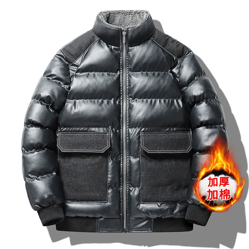 Winter new men's cotton thickened jacket slim stand-up collar splicing PU leather large pocket cotton-padded coat men