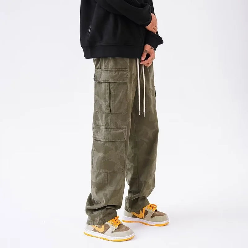 army green hip hop cargo pants for men camouflage loose american street overalls multi pocket drawstring straight trousers unique cargo style 3260