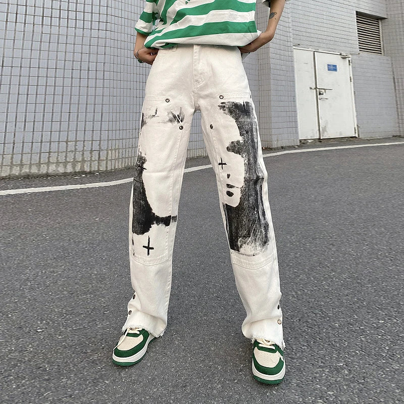 men punk denim pants y2k streetwear hip hop graffiti graphic print straight jeans pants fashion harajuku casual trousers grunge stacked flare jeans