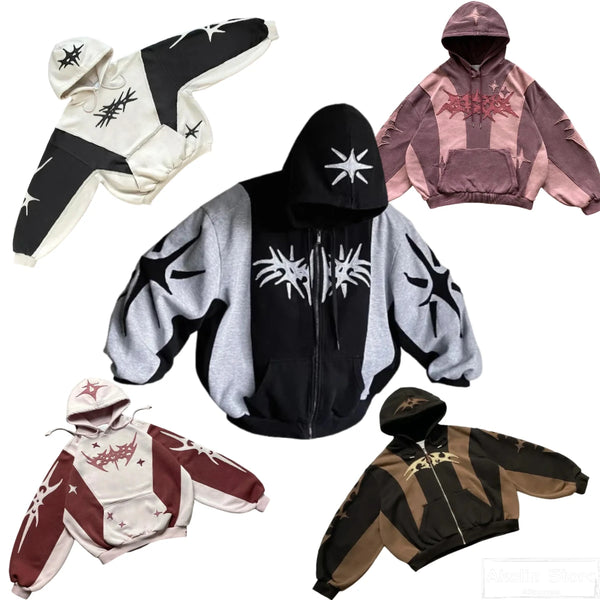 Vaporwave Drop – Y2K Patch Design Loose Zip Hoodies For Men Geometric Pattern – Streetwear Fashion for Men & Women