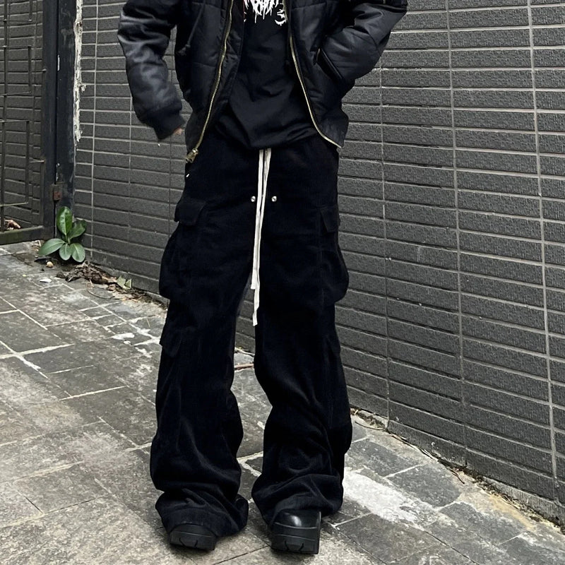 ro style wide leg corduroy pocket baggy cargo pants for men and women drawstring streetwear ropa hombre straight trousers combat utility trousers