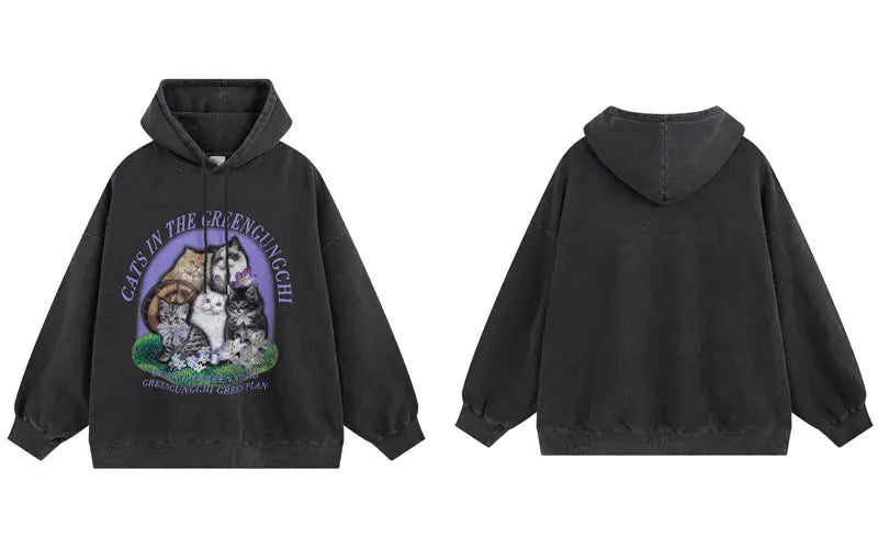 Vintage Hoodie Streetwear Hip Hop Retro Cats Print Hooded Sweatshirt M