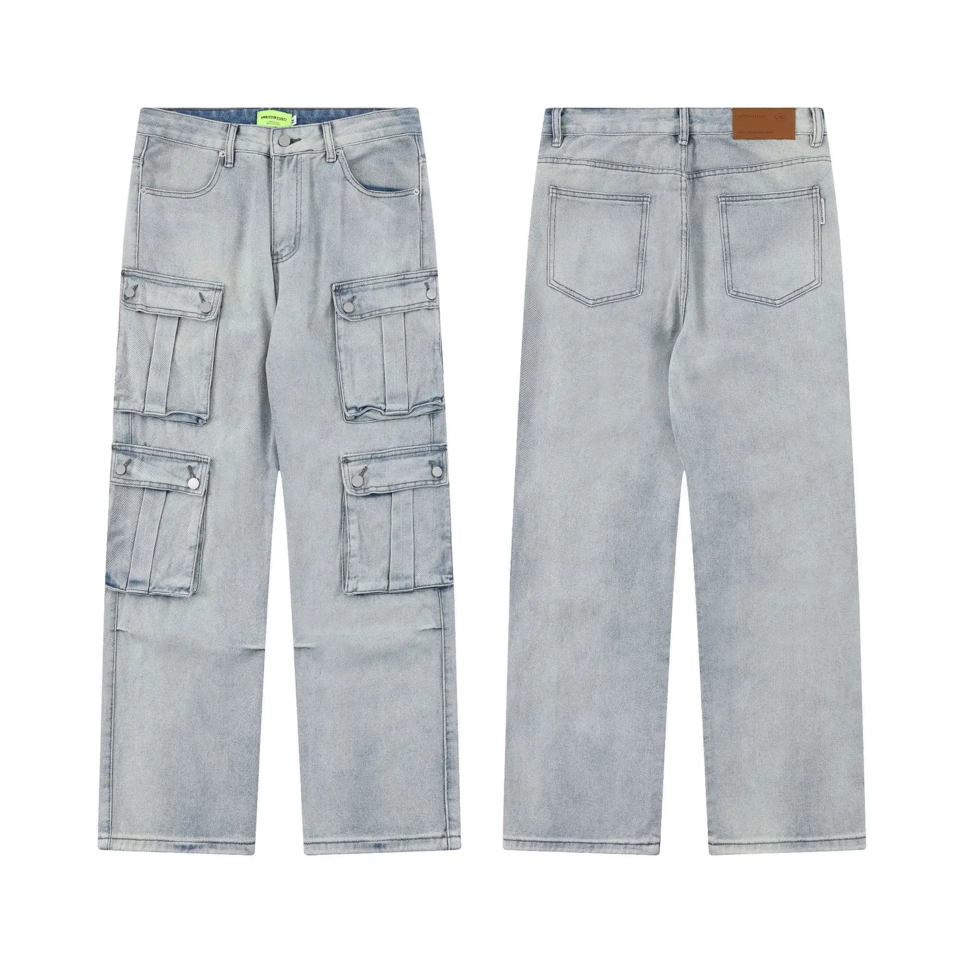 2024 multi pocket jeans vintage mens harajuku cargo denim pants retro hip hop straight loose jean pants multi-pocket cargos